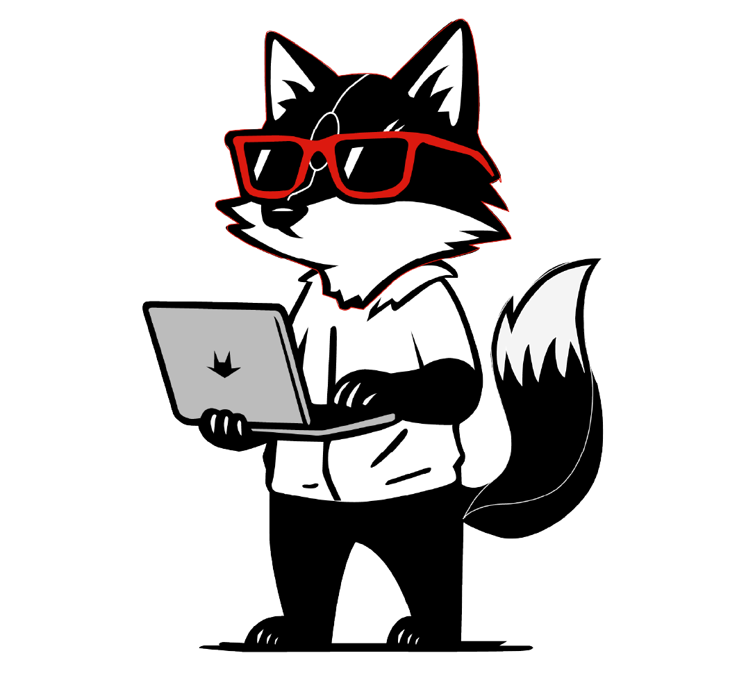 Mascota de Juan trabajando en un portátil
