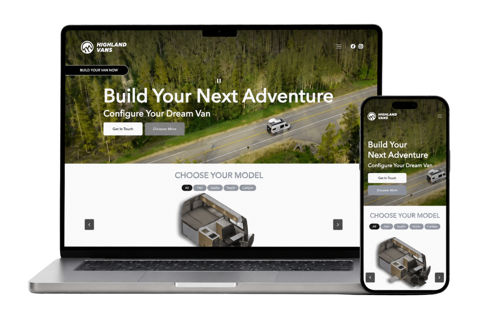 Proyecto Highland Vans mostrado en computador y celular